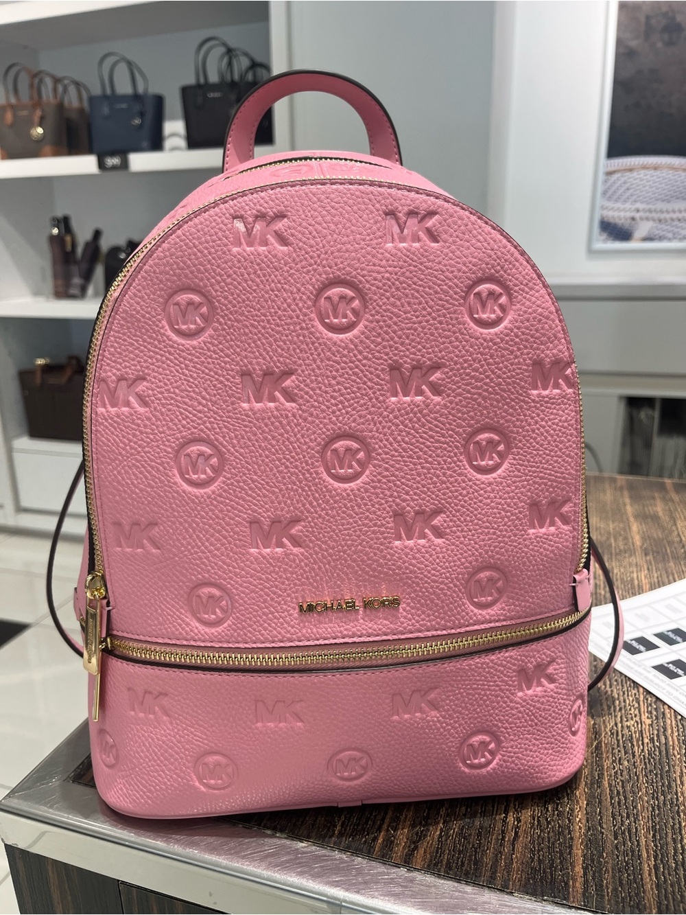 Michael Kors Medium Carnation/Pink Debossed Rhea Backpack - Picture 4 of 7
